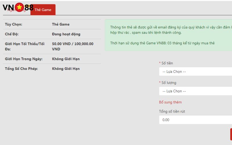 Hướng dẫn rút tiền VN88 về thẻ game